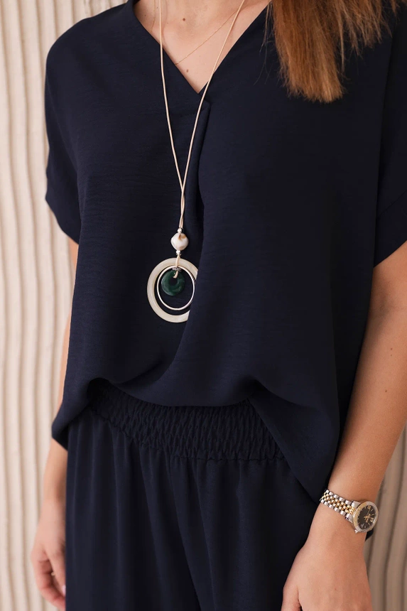 Set with necklace blouse + pants navy blue