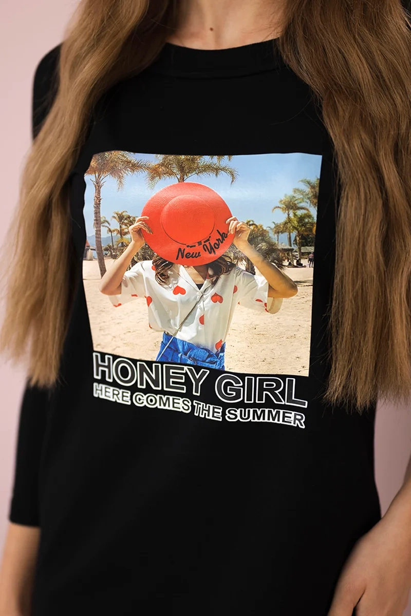 Sukienka z nadrukiem Honey girl czarna zdjęcie 4