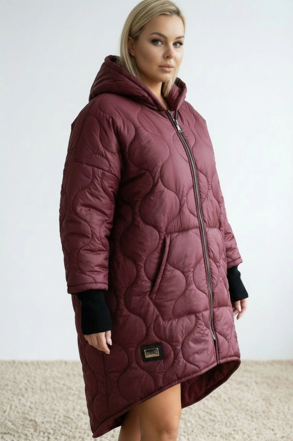 Plus Size women's winter quilted jacket with a hood burgundy