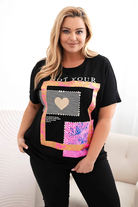 Dámská bavlněná halenka Plus Size se zlatým nápisem černá + růžová
