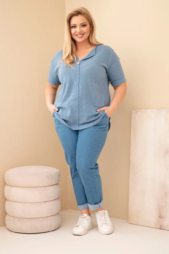 Damen-Baumwollbluse Plus-Size mit Knopfleiste jeansblau