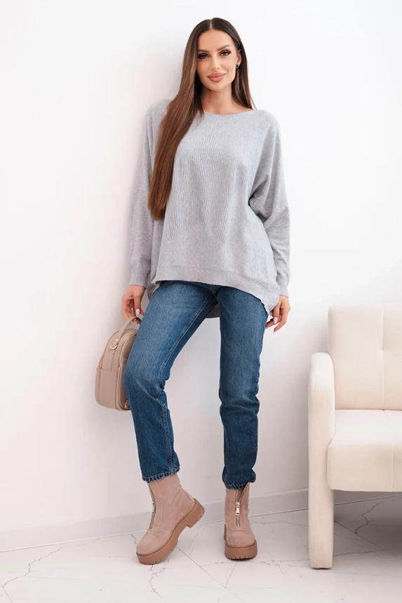 Women's sweater with a longer back and embossed star gray