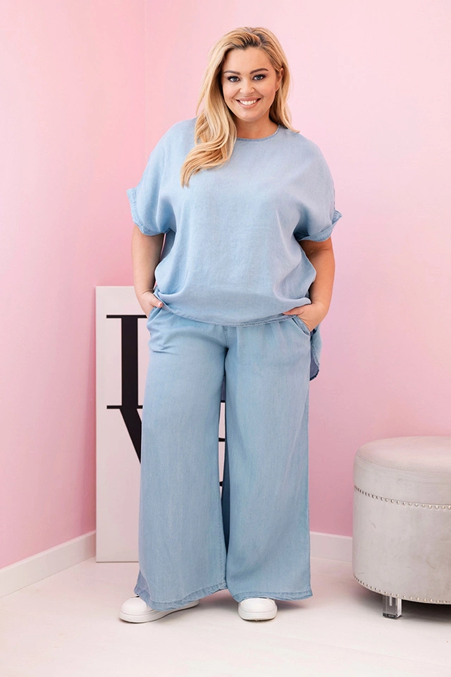 Komplet damski Plus Size z tencelu bluzka i spodnie z wiązaniem jasno jeansowy