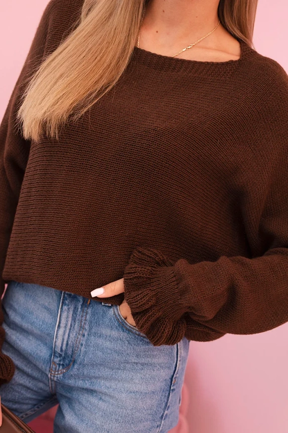 Women's mohair sweater with gathered sleeves and a back cutout brown