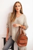 Dámský asymetrický svetr z vlny Plus Size s výstřihem do V tmavě béžový