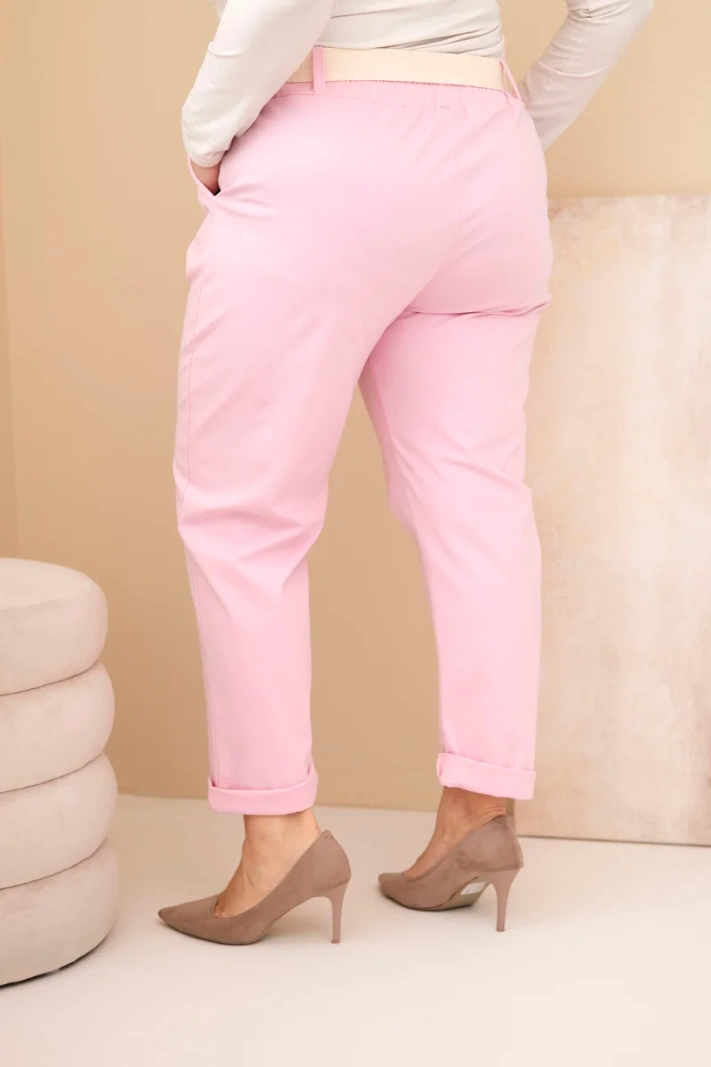 Dámské bavlněné kalhoty Plus Size s páskem světle růžové