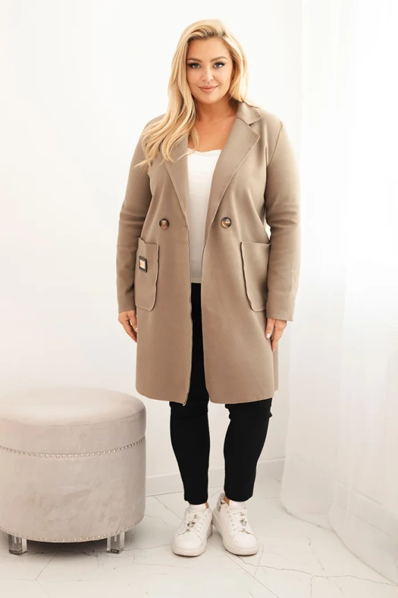 Elegantný dámsky kabát Plus Size s golierom a veľkými vreckami fango