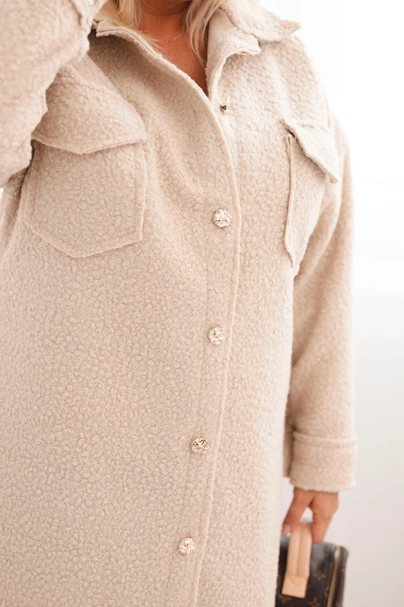 Dámský kabát Plus Size s vlnou na knoflíky s kapsami a límcem béžový