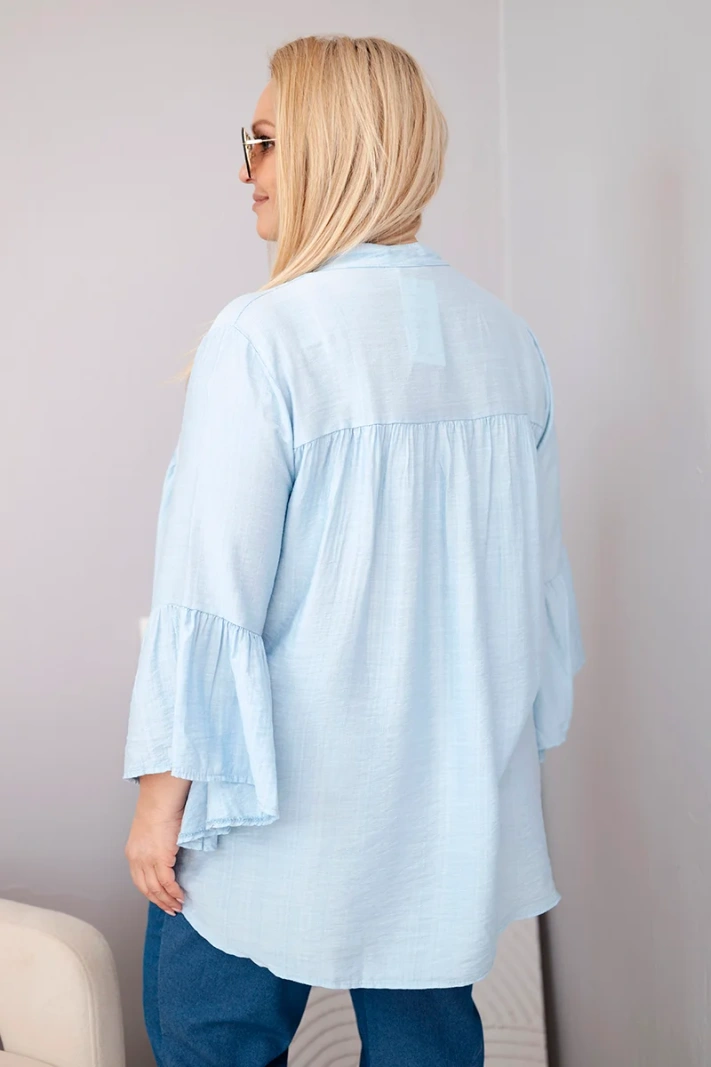 Viskose-Plus-Size-Damenbluse mit Volantärmeln und V-Ausschnitt blau