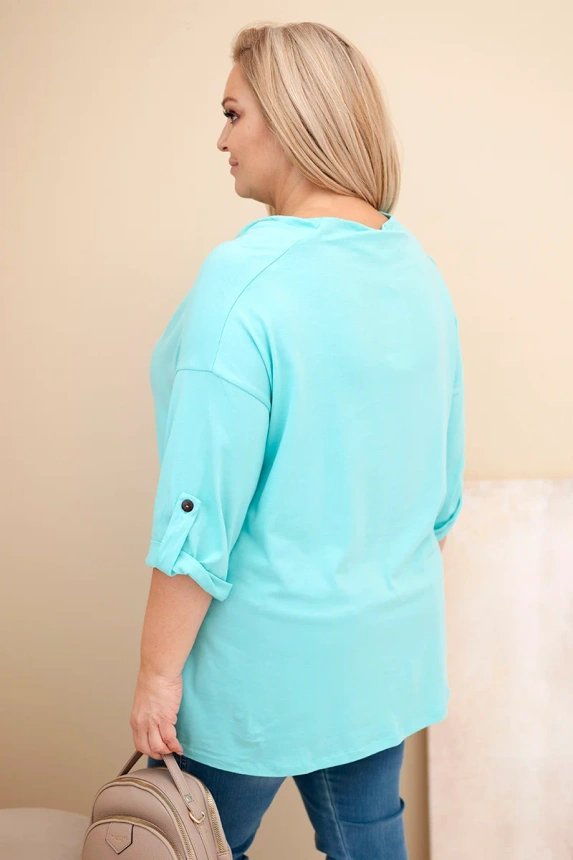 Moteriška Plus Size marškinėliai su medvilne laisvu kirpimu ir vandens iškirpte mėtų spalvos