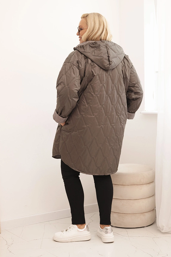 Kurtka damska Plus Size pikowana z kapturem i napisem HOPE cappucino