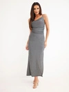 Ilga moteriška suknelė su vandens iškirpte ir skeltuku pilka