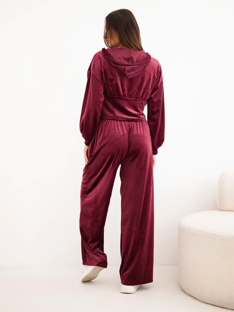 Damenanzug aus Velours und Viskose mit kurz geschnittener Bluse und weitem Hosen pflaume