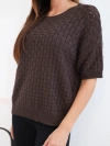 Women’s knitted cotton lace sweater with short sleeves brown