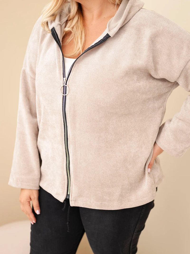 Plus Size women's corduroy hoodie with zipper oversize beige