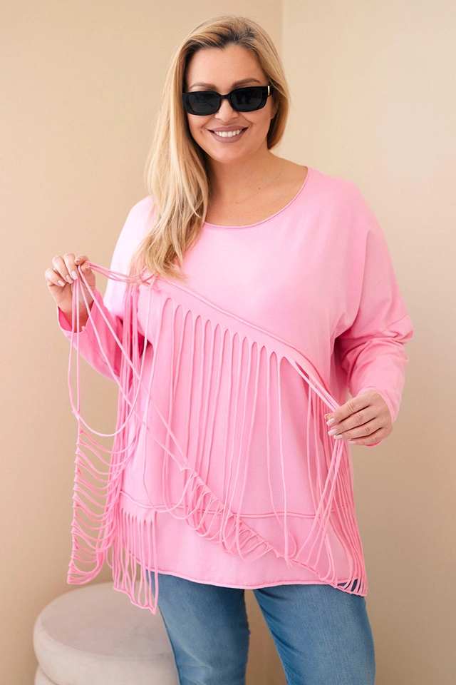 Damen Bluse Baumwolle Plus Size mit Fransen hellrosa