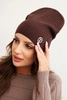 Women's ribbed cap with a decorative button made of wool and modal brown