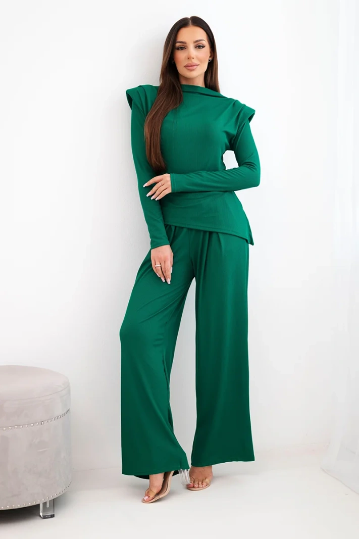 Damen-Baumwollset mit Bluse und Hose mit weitem Bein grün
