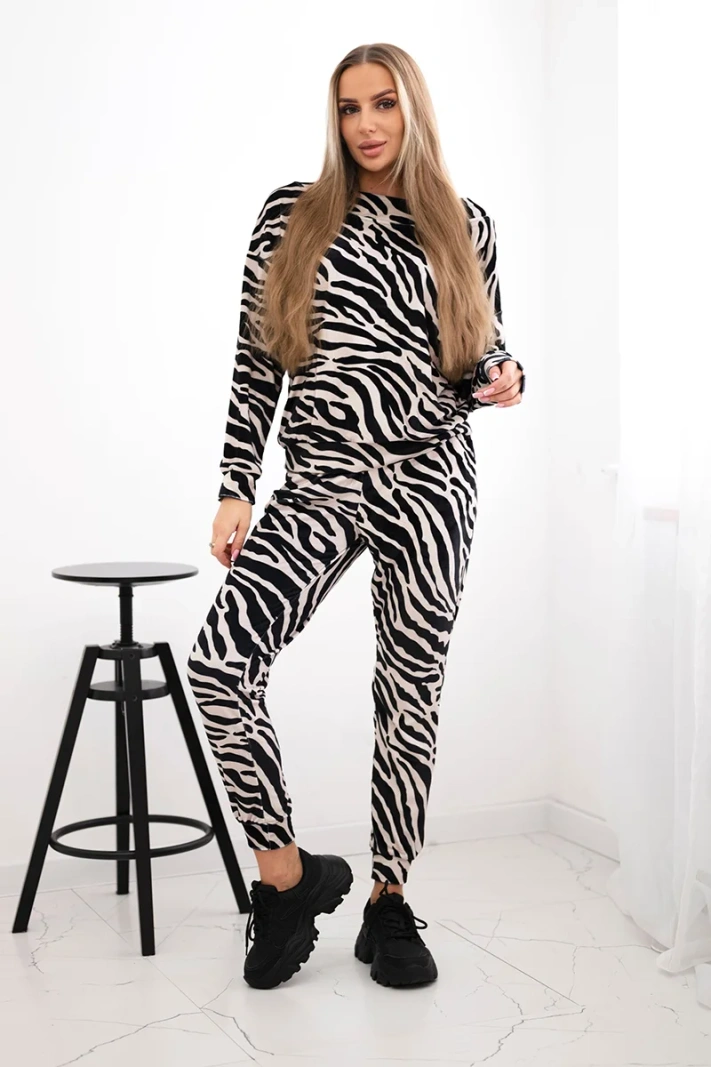 Velúrová súprava s potlačou zebra čierna+béžová