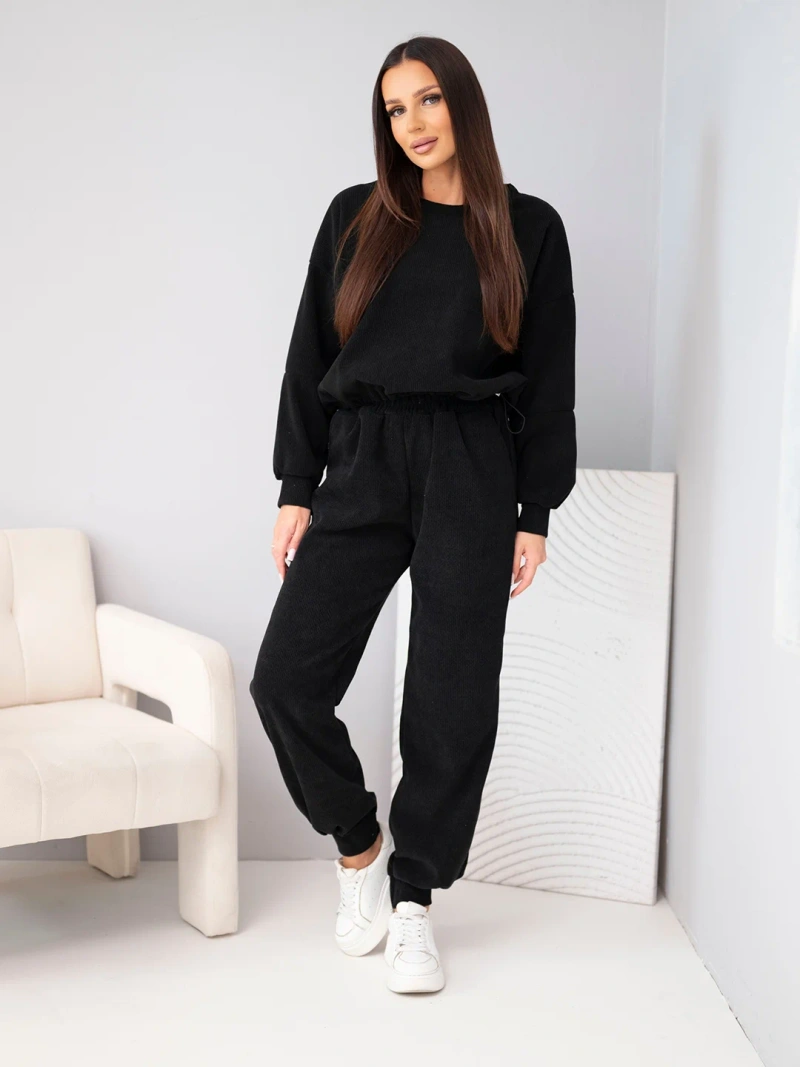 Ribbed viscose women's set with sweatshirt and pants with cuffs black
