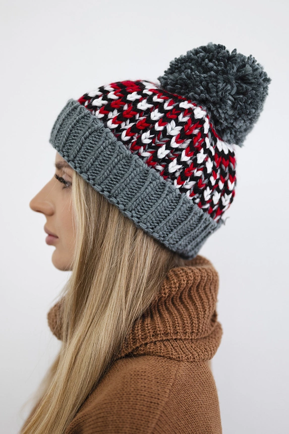 Cap with a pompom Ellen K325 dark gray+red