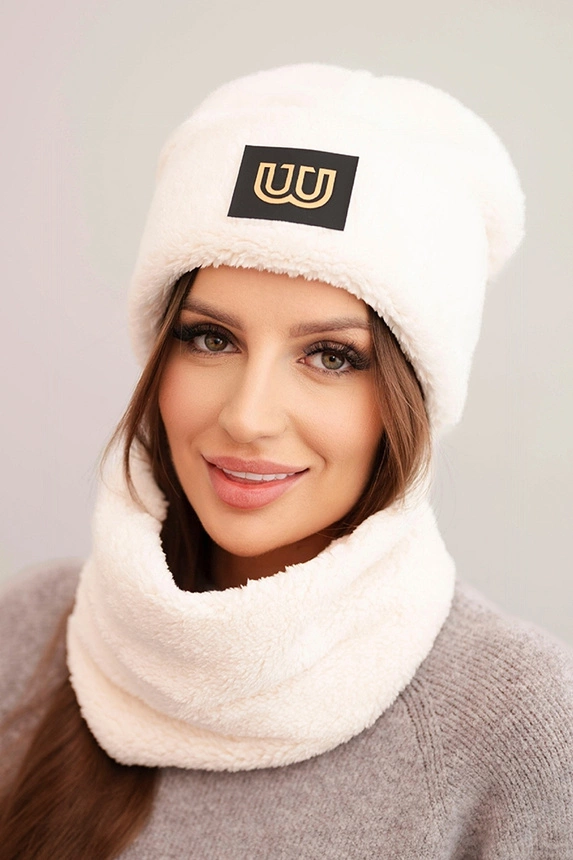 Women's fleece set hat and snood with decorative patch light beige
