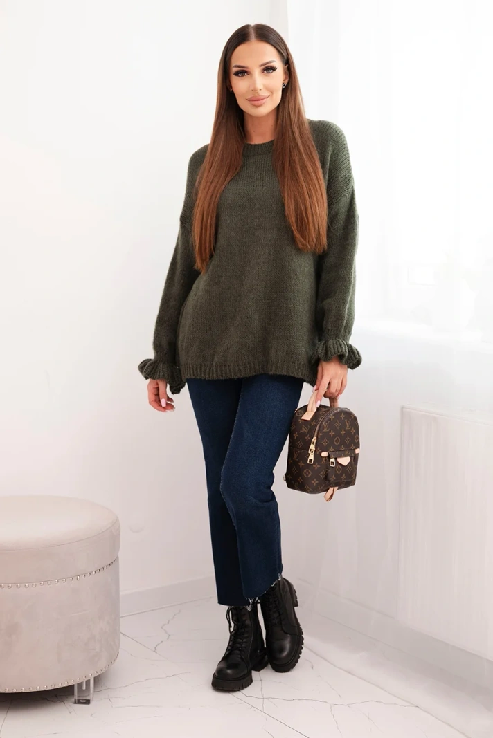 Women's sweater with mohair and wool blend in loose fit khaki