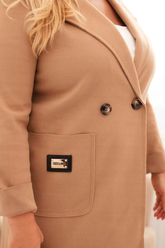 Moteriškas elegantiškas paltas Plus Size su apykakle ir didelėmis kišenėmis kamelinis