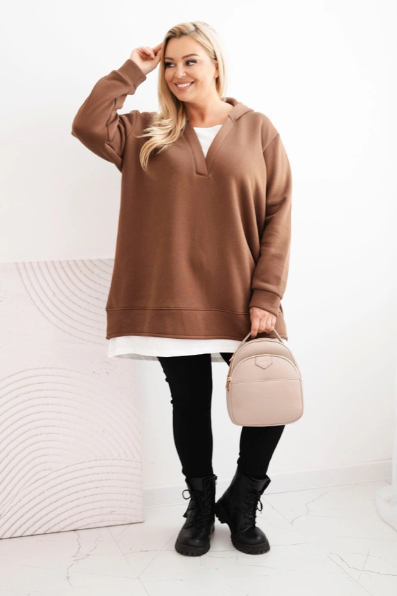 Damenpullover gefüttert Plus Size mit Kapuze und V-Ausschnitt braun