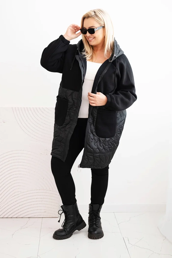 Dámská prošívaná mikina Plus Size s kapucí a velkými kapsami černá