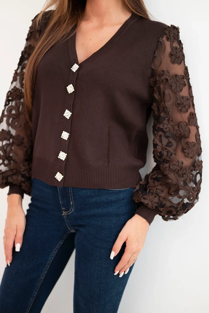 Women's sweater blouse with lace sleeves and decorative buttons brown