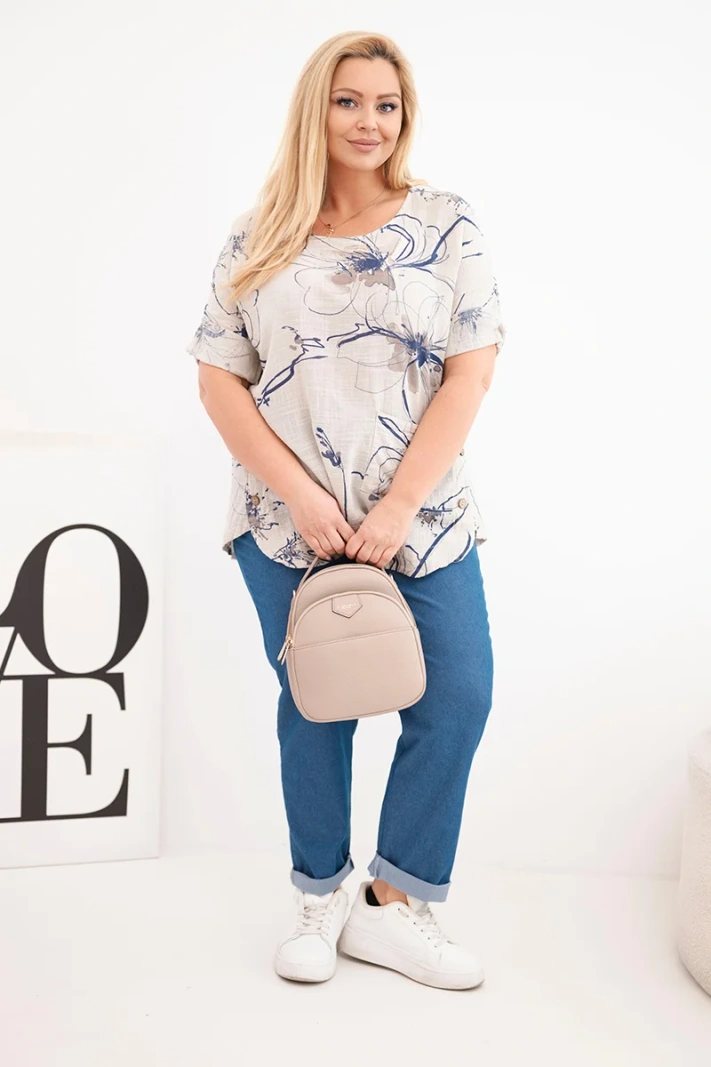 Women's cotton plus-size short-sleeve blouse with pocket beige
