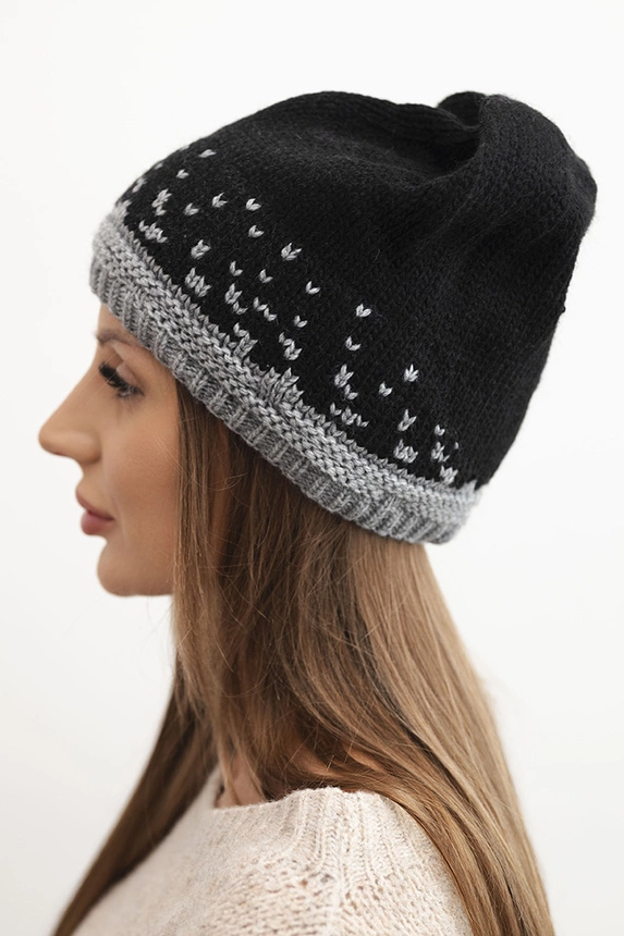 Women's winter wool hat with geometric pattern K477 black + gray