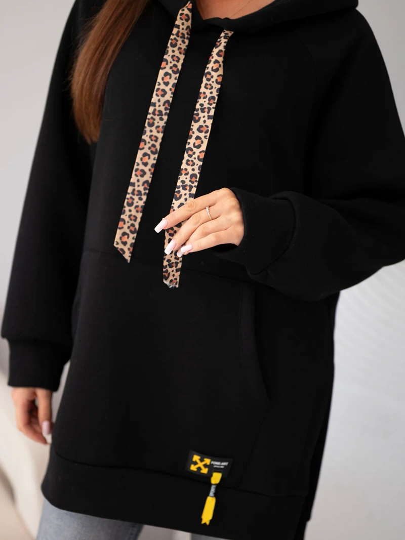 Damen-Oversize-Sweatshirt aus Baumwolle mit Kapuze und Tasche schwarz