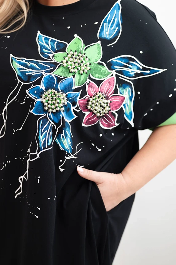Green Plus Size women's tunic with floral pattern and decorative pearls