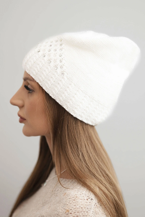 Women's winter wool hat with decorative weave and studs K449 white