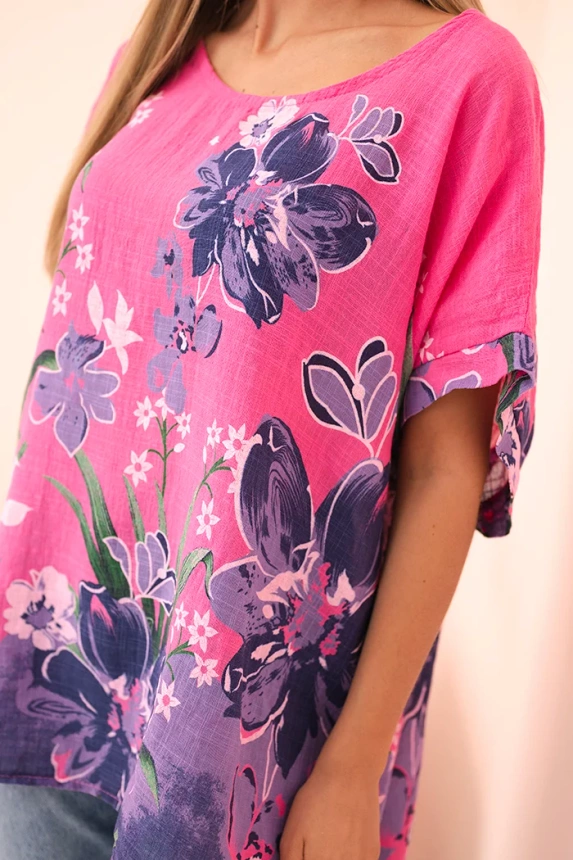 Damenbluse aus Baumwolle mit floralem Druck und kurzen Ärmeln rosa