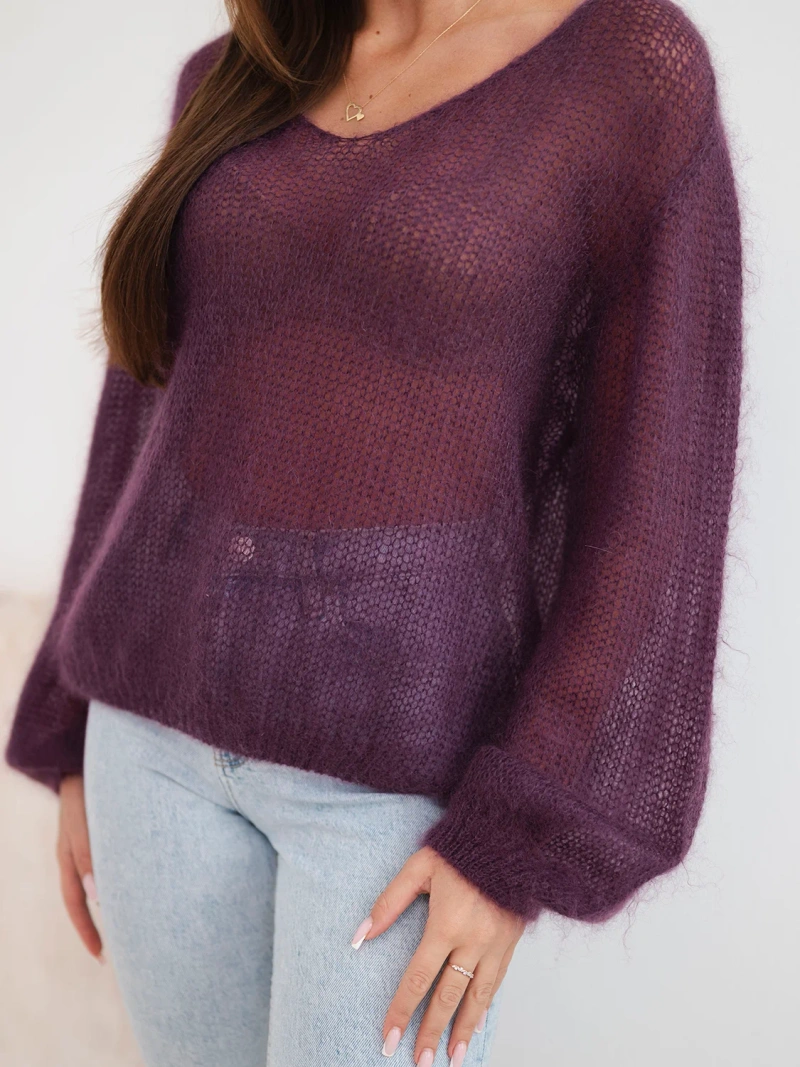 Damenpullover aus 70 % Kidmohair mit V-Ausschnitt und lockerem Schnitt dunkelviolett
