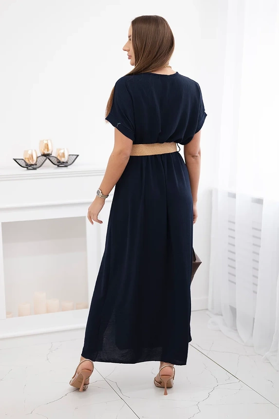 Long dress with a decorative belt navy