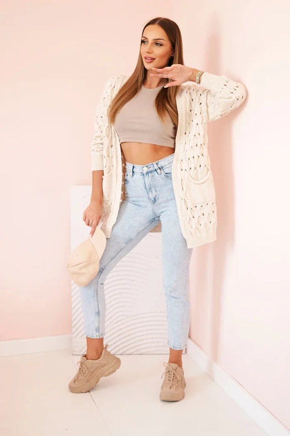 Damen-Cardigan mit Taschen aus Lochstrick beige