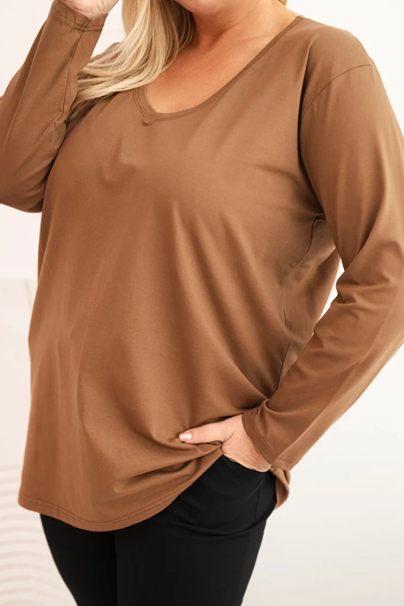 Moteriška bluzonė Plus Size su V formos iškirpte ir ilgomis rankovėmis ruda