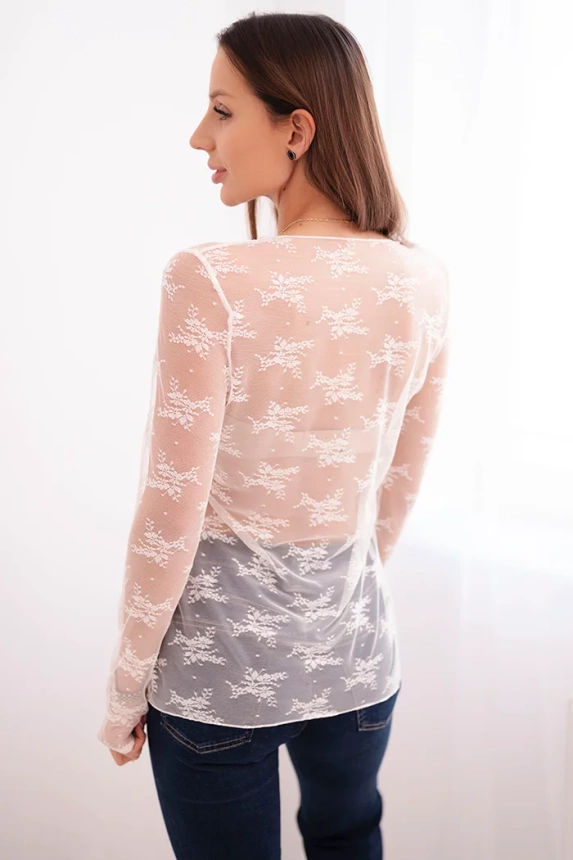 Damenbluse mit langen Ärmeln aus Spitze ecru