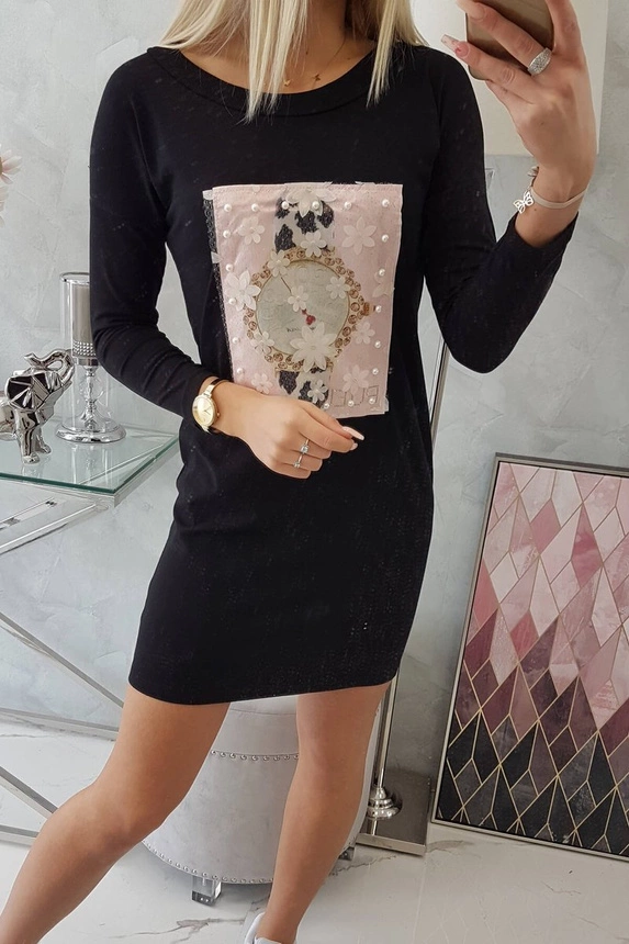 3D Grafik Kleid mit Perlen schwarz