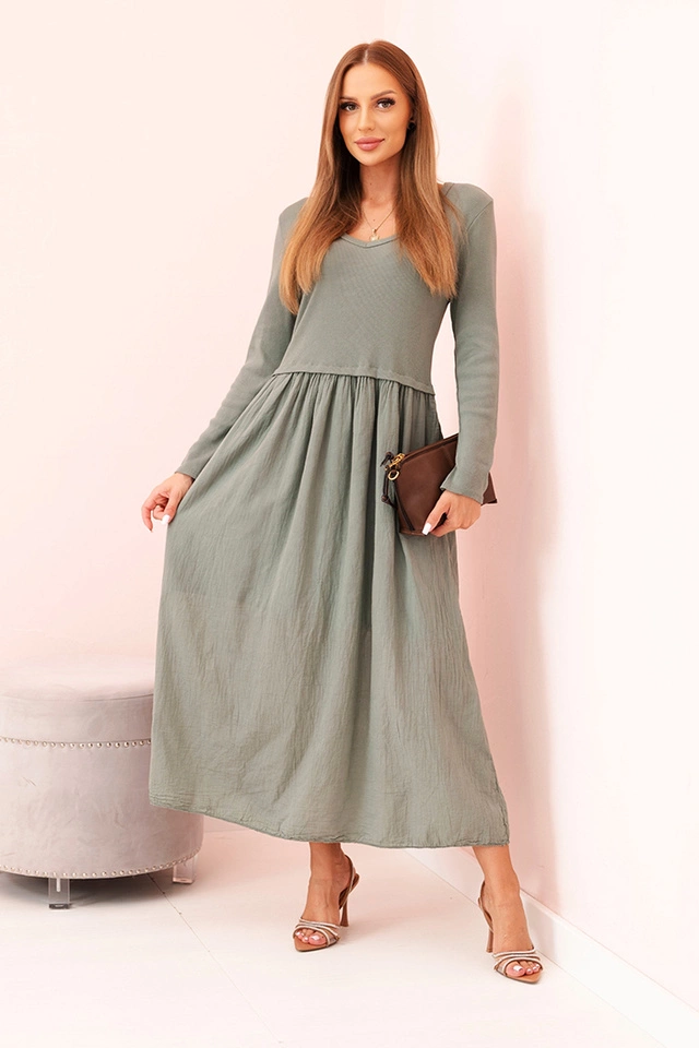 Sukienka damska z bawełną z długim rękawem i dekoltem V khaki