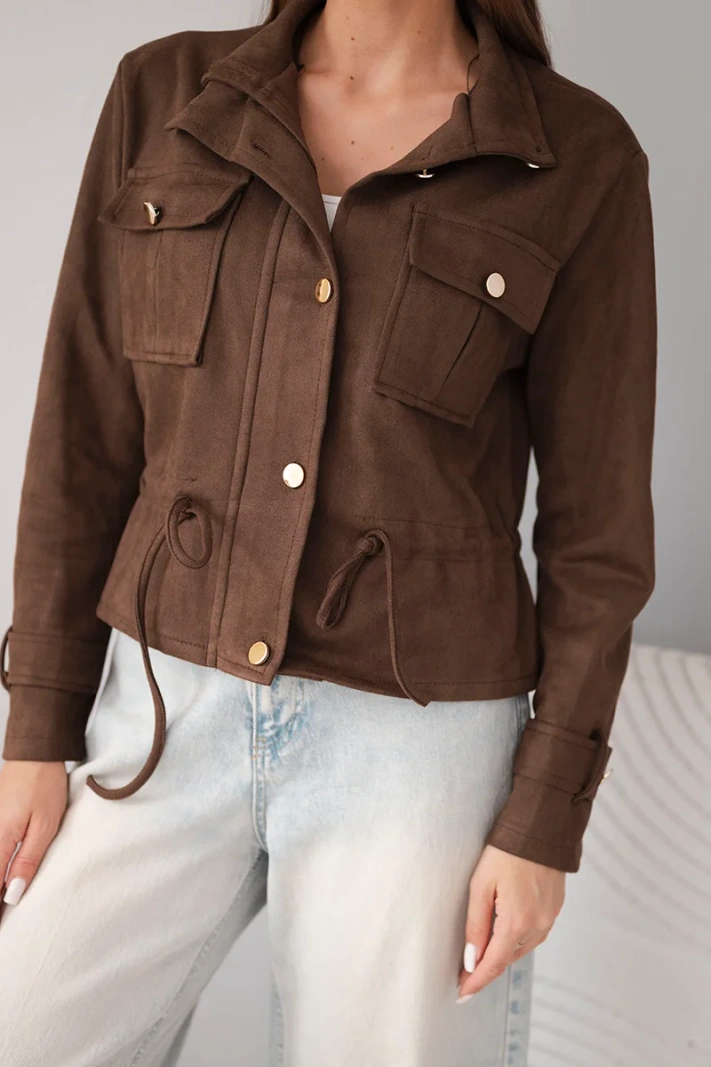 Women's suede jacket with pockets and a drawstring waist brown