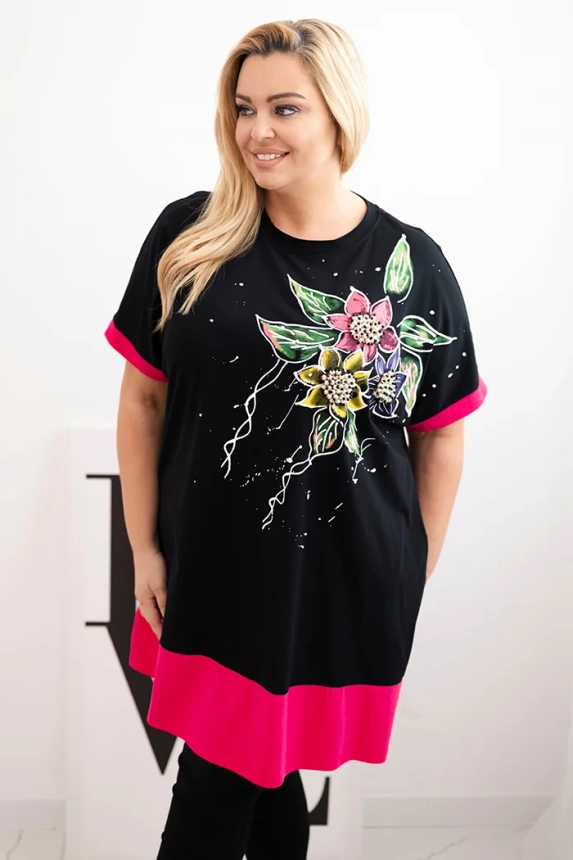 Fuchsia Plus Size women's tunic with floral pattern and decorative pearls