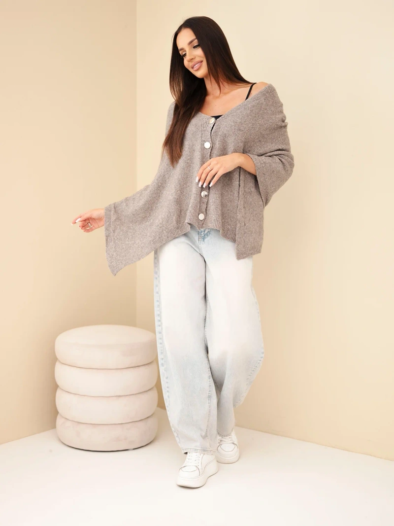 Dámský svetr pončo z baby alpaky s knoflíky fango zelená