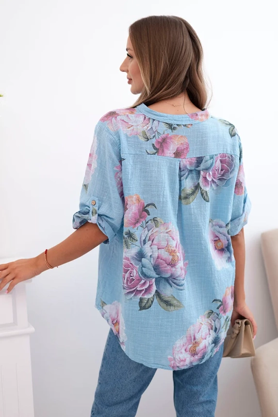 Women's cotton blouse with a floral pattern blue