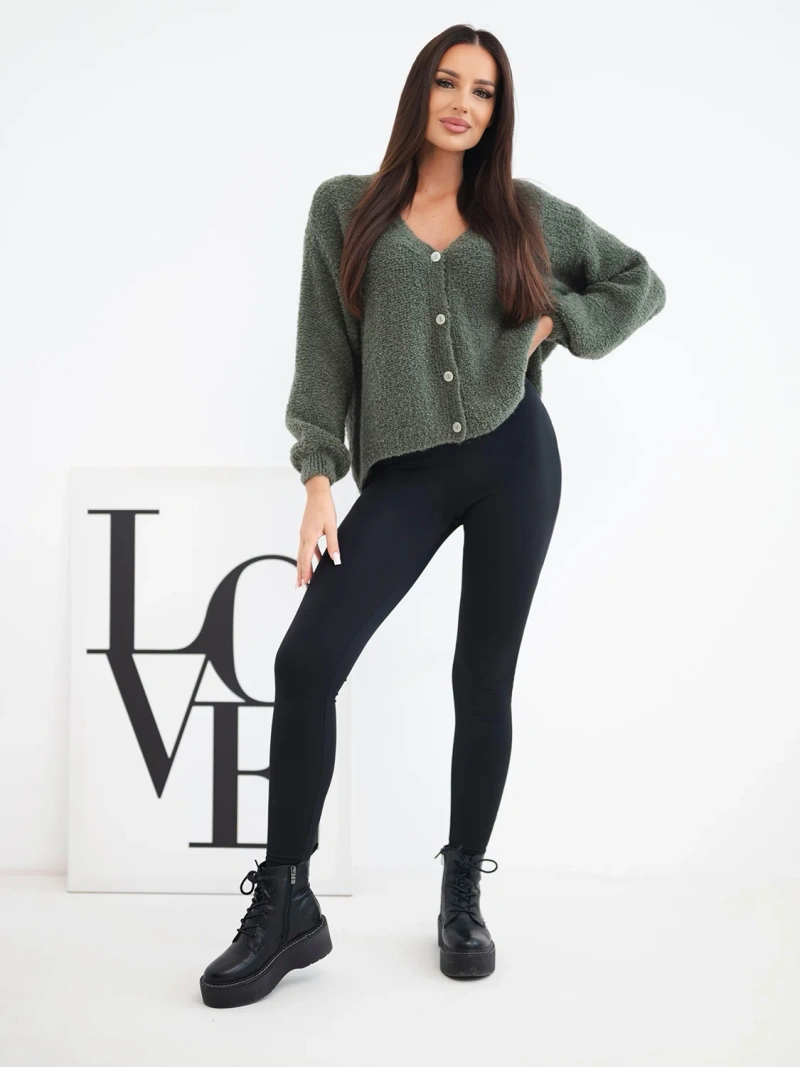 Women's wool cardigan with buttons and V-neck khaki
