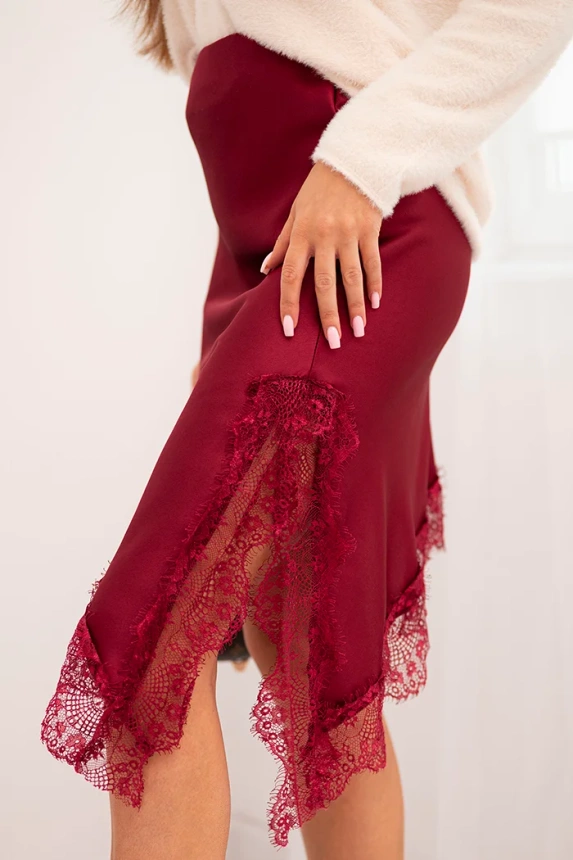 Women's viscose skirt with lace and an asymmetrical hem burgundy
